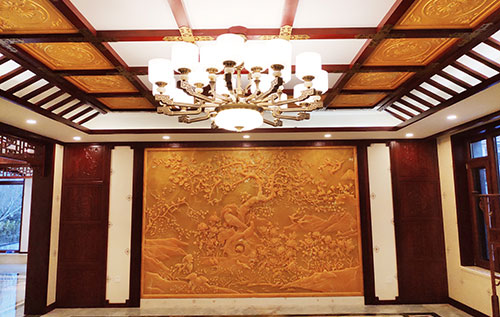 横沥镇中式别墅客厅中式木作横梁吊顶装饰展示